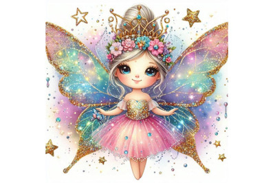 Adorable glitter fairy with glittery wings and a glowing tiara of star