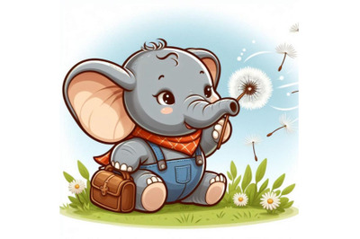 Baby elephant blowing dandelion seeds into the air