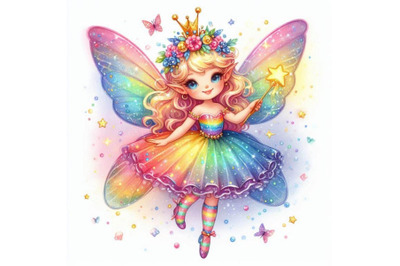 Adorable glitter fairy with rainbow-colored wings and a glowing wand