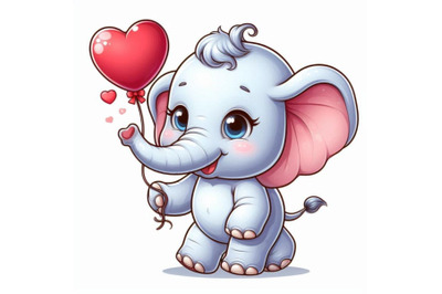 Baby elephant holding a heart-shaped balloon in its trunk