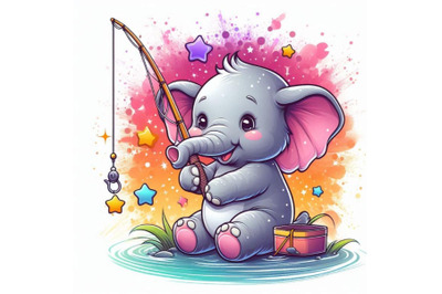 Baby elephant holding a tiny fishing rod&2C; catching stars