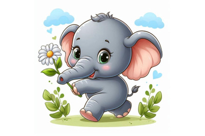 Baby elephant holding a tiny flower in its trunk