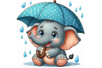 Baby elephant holding a tiny umbrella in the rain