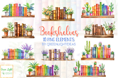 Watercolor Bookshelves Clipart&2C; Library Books Illustrations&2C; Bookworm