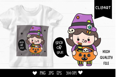 Cute Halloween kid kawaii cliparts cartoon witch girl with pumpkin can