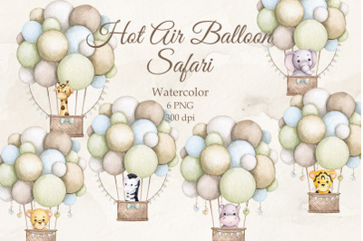 Hot Air Balloon Safari. Watercolor illustrations PNG