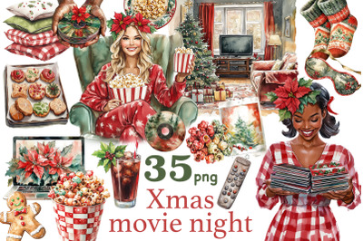 Christmas Movie Night Clipart | Xmas Illustration Bundle