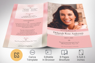 Glamour Funeral Program Template for Canva, Pink White, Celebration of