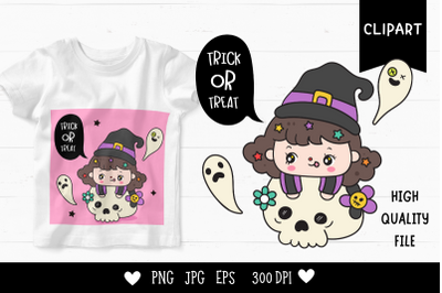 Halloween kid kawaii clipart cartoon witch on skull