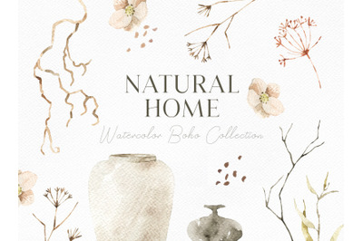 Natural Home. Watercolor boho clipart. PNG