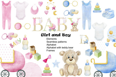 Baby boy and girl clipart.