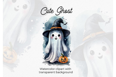 Cute ghost watercolor clipart with transparend background.