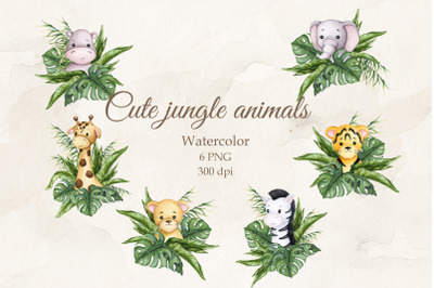 Cute jungle animals. Watercolor cliparts