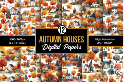 Watercolor Autumn Houses Seamless Patterns