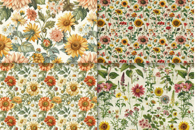 12 Rustic Garden Seamless Pattern&2C; Sunflower Vintage Garden