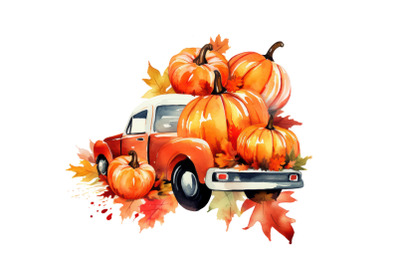 8 Pumpkin Trucks Watercolor Clipart, Fall Autumn Truck