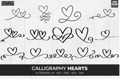 14 Calligraphy Hearts, Hand Drawn Heart Svg, Decorative Svg