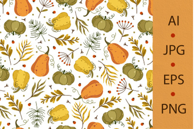 Seamless pattern with autumn pumpkins, fallen leaves