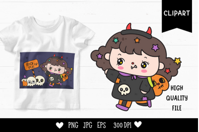 Halloween witch kid girl kawaii clipart trick or treat night