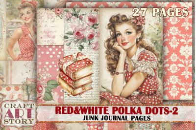 Retro fashion Junk Journal Kit Red&amp;white polka dots part 2