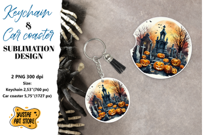 Halloween Keychain &amp; Car coaster sublimation. Scary Cemetery