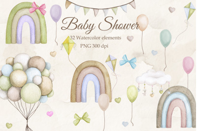 Baby shower. Set of watercolor cliparts.