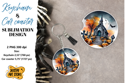 Halloween Keychain &amp; Car coaster sublimation. Scary Cemetery