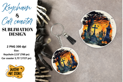 Halloween Keychain &amp; Car coaster sublimation. Scary Cemetery