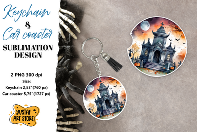 Halloween Keychain &amp; Car coaster sublimation. Scary Cemetery