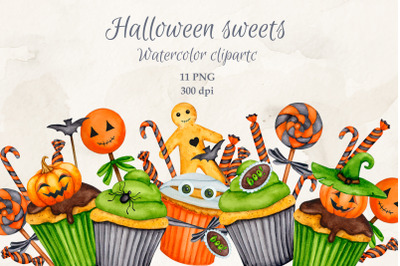 Halloween sweets. Watercolor Clipart. PNG.