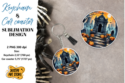 Halloween Keychain &amp; Car coaster sublimation. Scary Cemetery