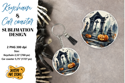 Halloween Keychain &amp; Car coaster sublimation. Scary Cemetery