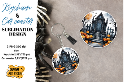 Halloween Keychain &amp; Car coaster sublimation. Scary Cemetery