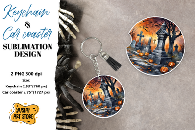 Halloween Keychain &amp; Car coaster sublimation. Scary Cemetery