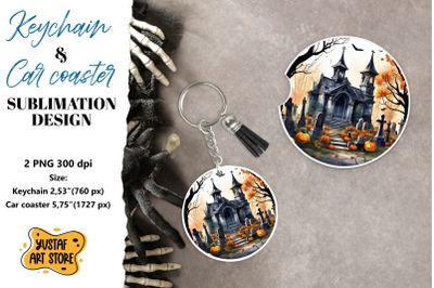 Halloween Keychain &amp; Car coaster sublimation. Scary Cemetery