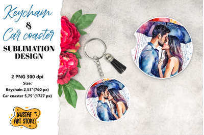 Rain Keychain. Rain Car coaster sublimation. Couple in love