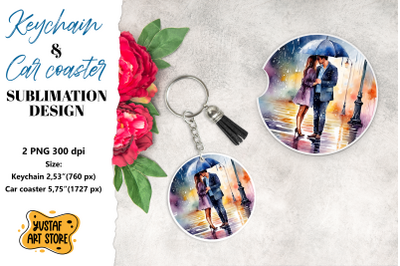 Rain Keychain. Rain Car coaster sublimation. Couple in love