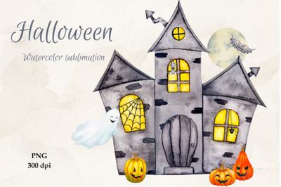 House with the ghosts. Halloween.Watercolor sublimation.