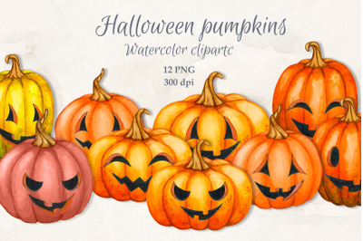 Halloween pumpkins. Watercolor Clipart.