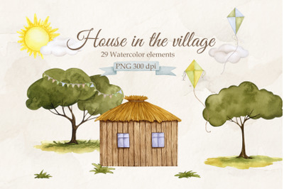 House in the village. Watercolor clipart.