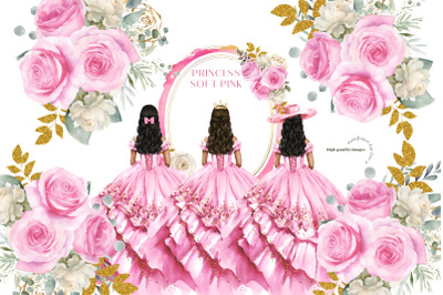 Soft Pink Girl Princess Dresses Quinceaera Floral Clipart