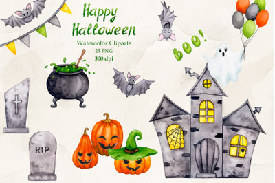 Halloween. Collection of watercolor clipart. PNG