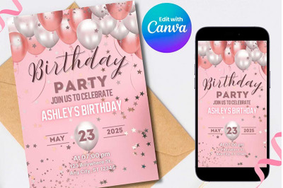 Rose gold Birthday Party invitation canva Template Editable