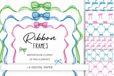 Watercolor Ribbon Bow Frame Clipart