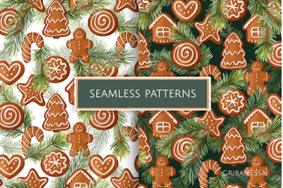 Christmas patterns with fir branches and gingerbread cookies