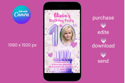 Girl Birthday Party invitation ten years canva Template