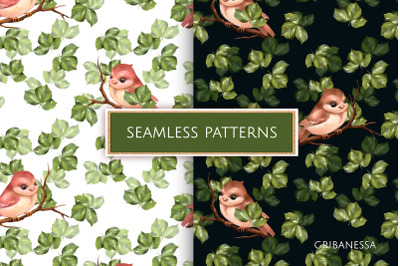 Seamless patterns with birds and leaves