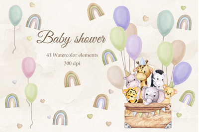 Cute animals. Baby shower clipart. PNG