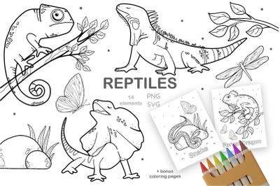 Reptiles Silhouette Clipart, Coloring Pages PDF for Kids