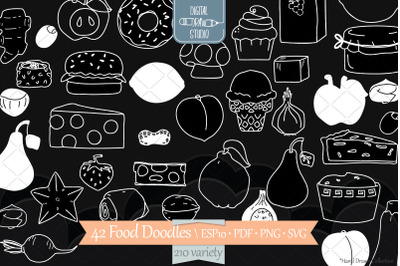 A to Z Food White Doodle | Hand Drawn Fruit, Vegetable, Sweets, Savory